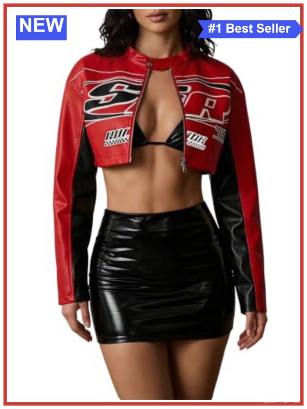Women's Leather Cropped Moto Jacket Letter Print Zip